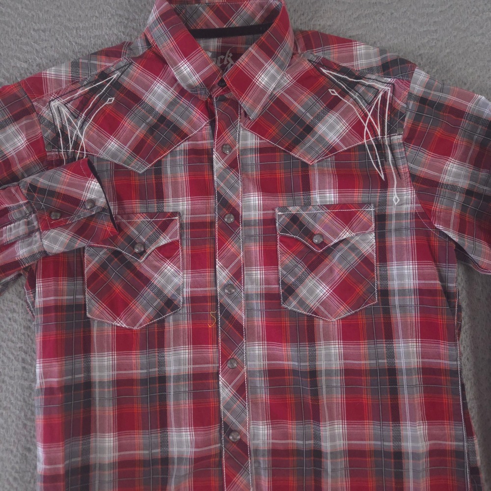Wrangler‎ Rock 47 Shirt Mens M Plaid Embroidered Yoke Pearl Snap Cotton Cowboy